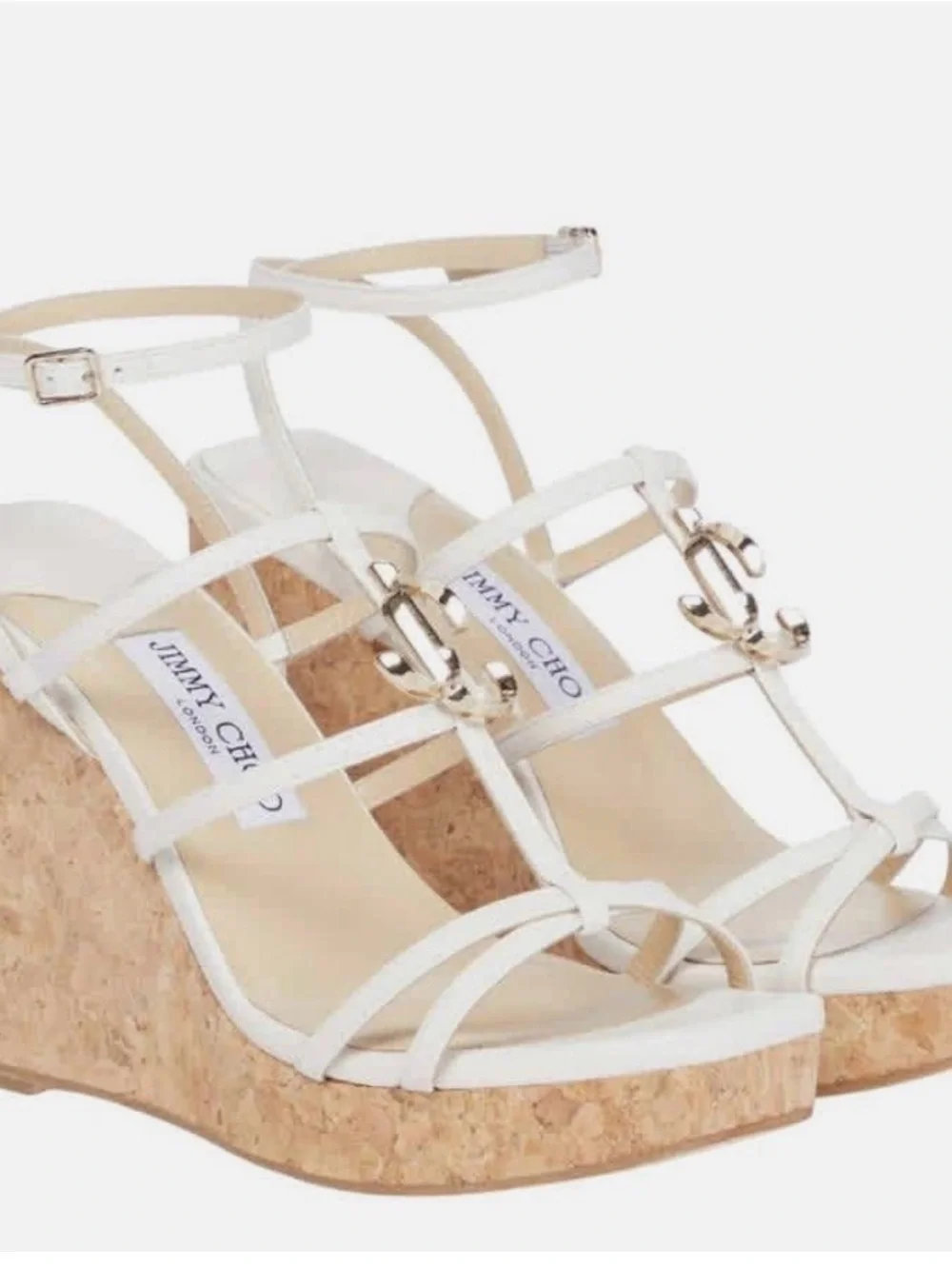 Jimmy Choo Black Leather Strappy Cork Wedge Sandals with Gold Logo